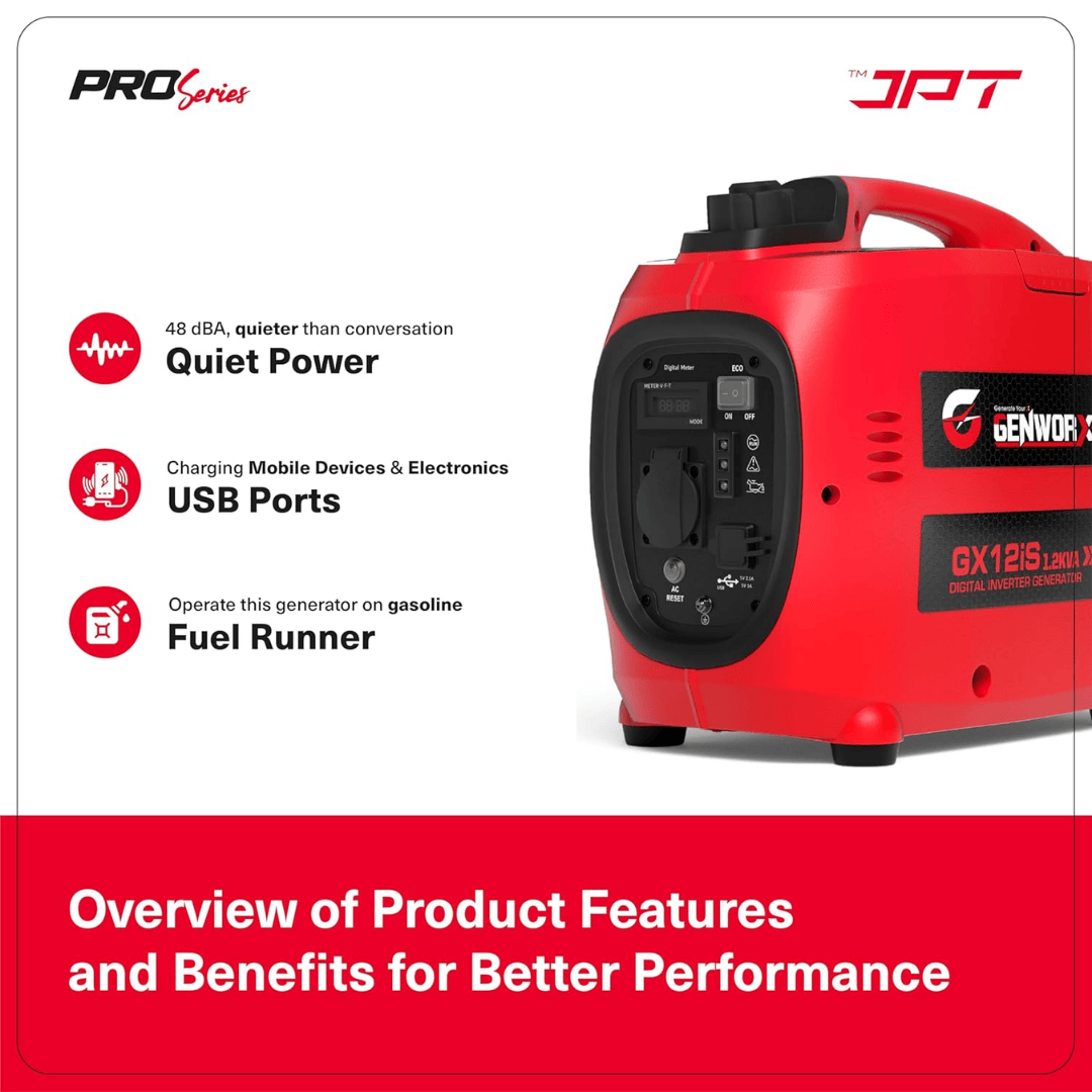 JPT GX12iS 1.2kVA Portable Electric Generator | Silent 48dB, 53.2cc 4-Stroke Engine, 3L Fuel Tank, 4.2 Hrs Runtime | Compact Manual Start Backup Power for Camping, Outdoor & Home Use