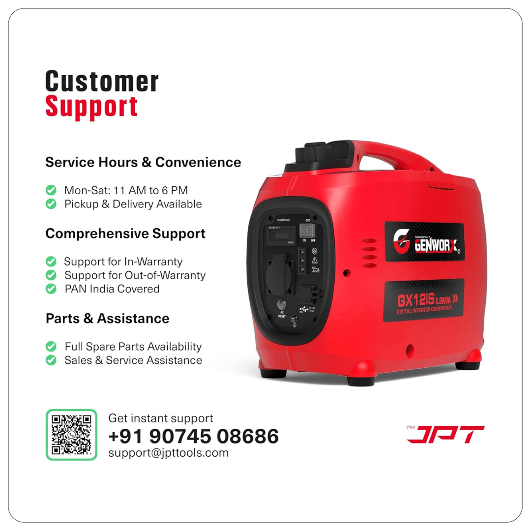 JPT GX12iS 1.2kVA Portable Electric Generator | Silent 48dB, 53.2cc 4-Stroke Engine, 3L Fuel Tank, 4.2 Hrs Runtime | Compact Manual Start Backup Power for Camping, Outdoor & Home Use