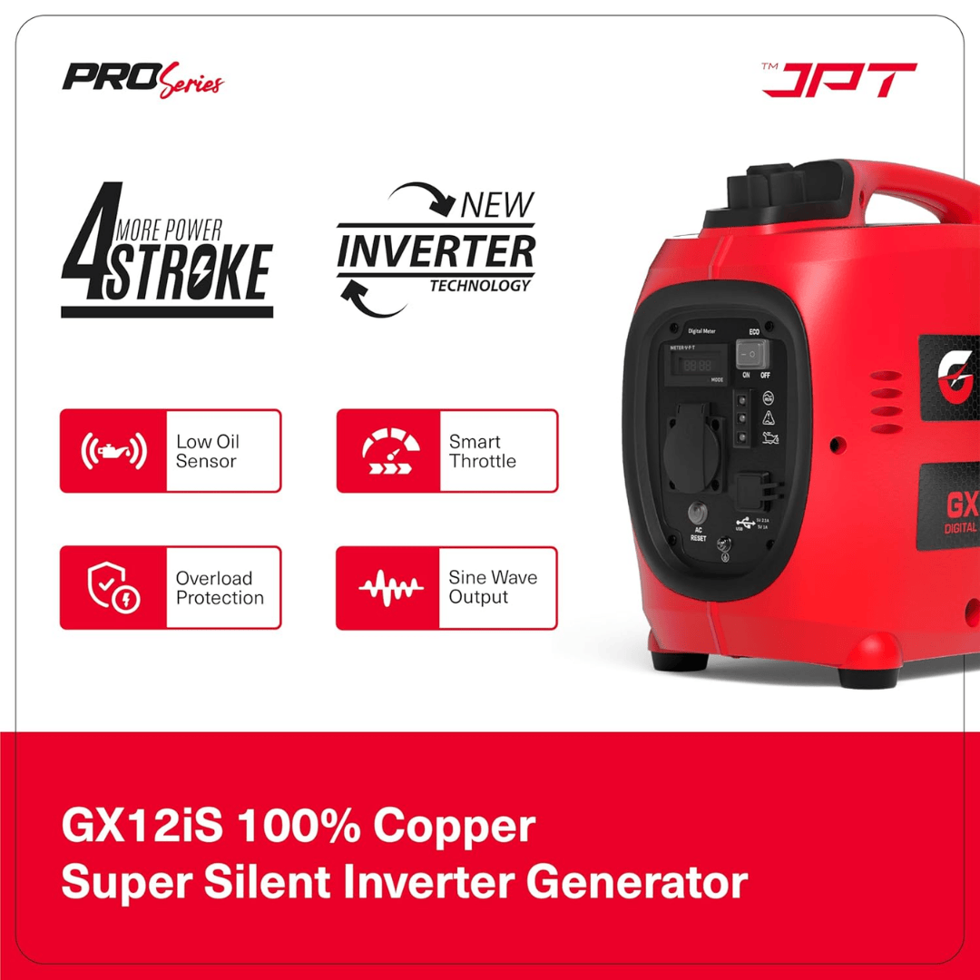 JPT GX12iS 1.2kVA Portable Electric Generator | Silent 48dB, 53.2cc 4-Stroke Engine, 3L Fuel Tank, 4.2 Hrs Runtime | Compact Manual Start Backup Power for Camping, Outdoor & Home Use