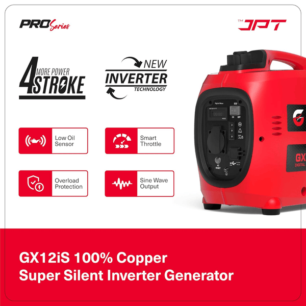 Buy JPT GX12iS 1.2kVA portable electric generator for camping, outdoor & home use. Get 53.2cc 4-stroke engine, 3l fuel tank, 4.2 hrs runtime & much more features