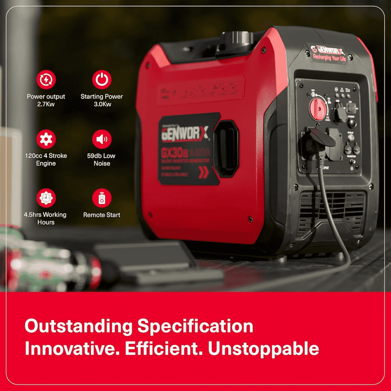 JPT Genworx GX30iS 3.2kVA Portable Electric Generator | 120cc 4-Stroke OHV Engine | 6L Fuel Tank, 4.5Hr Runtime | Push-Button & Recoil Start | Super Quiet 59dB for Home, Camping & Outdoor Use