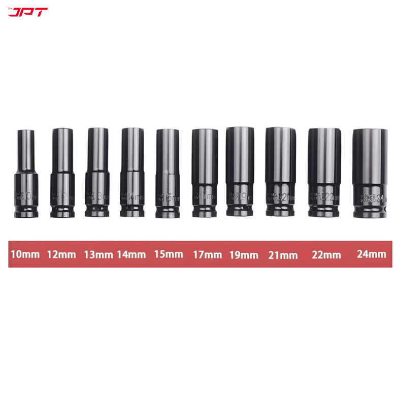 JPT Heavy-Duty 10-Piece Deep Impact Wrench Socket Set | 8MM To 24MM Long Size | 1/2-Inch Drive Size