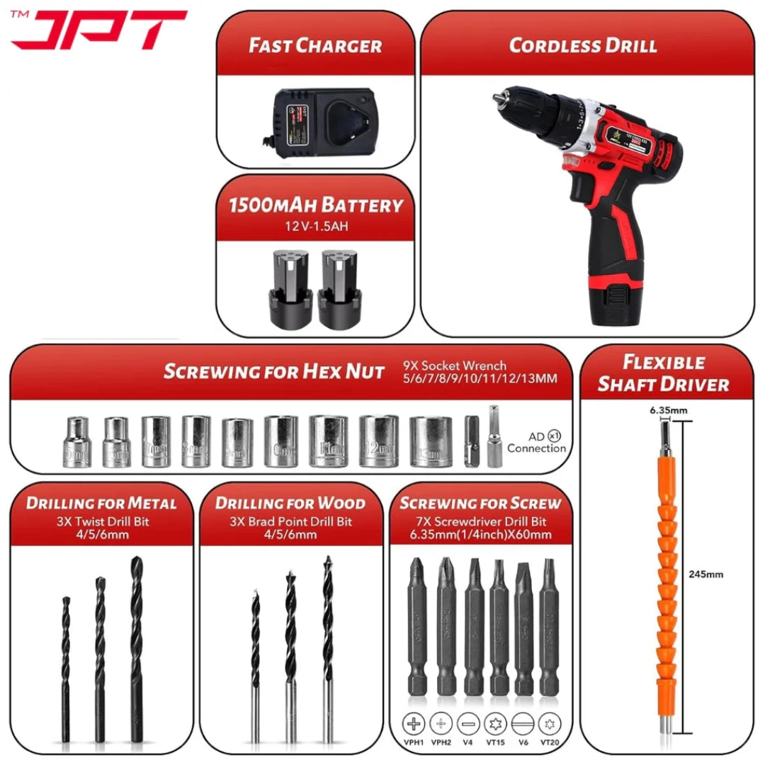 JPT Heavy-Duty 12V Pro Series Cordless Drill Machine | 45N.M. Torque | 1950 RPM Speed | 25+1 Torque Setting | 2 Speed Modes | 3/8