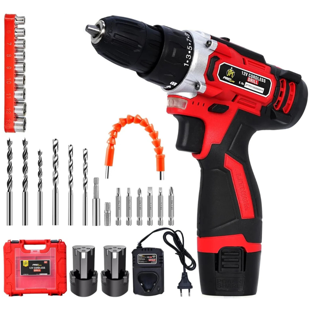JPT Heavy-Duty 12V Pro Series Cordless Drill Machine | 45N.M. Torque | 1950 RPM Speed | 25+1 Torque Setting | 2 Speed Modes | 3/8" Keyless Chuck | 1500mAh Battery | 24 Drill Accessories Included