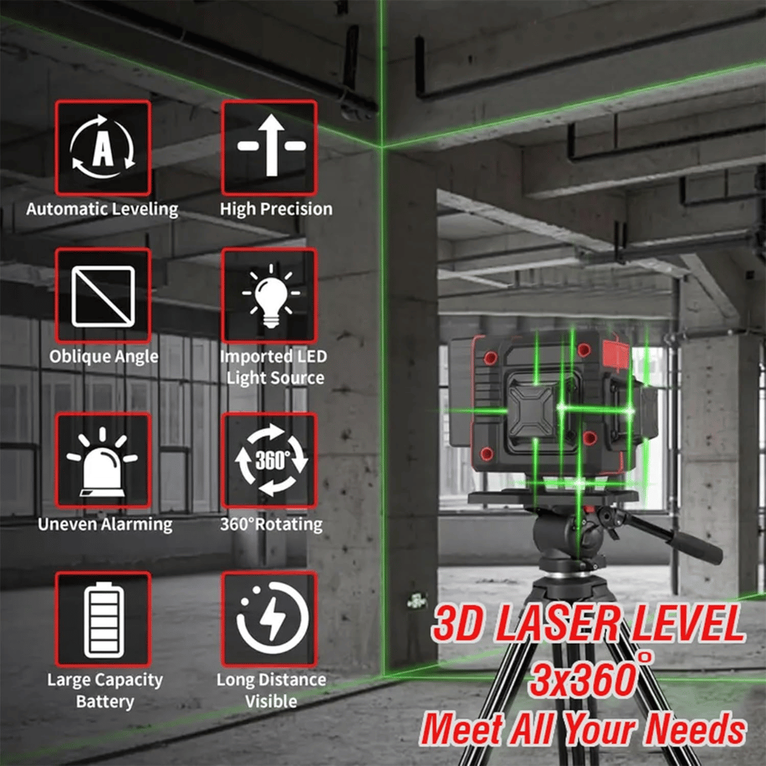JPT 360° 3D Self-Leveling Laser Level with Mini Tripod – High-Precision Cross Line Tool for Construction, Renovation, and Floor Tiling with Two 1500mAh Batteries, Fast Charger and Durable Case