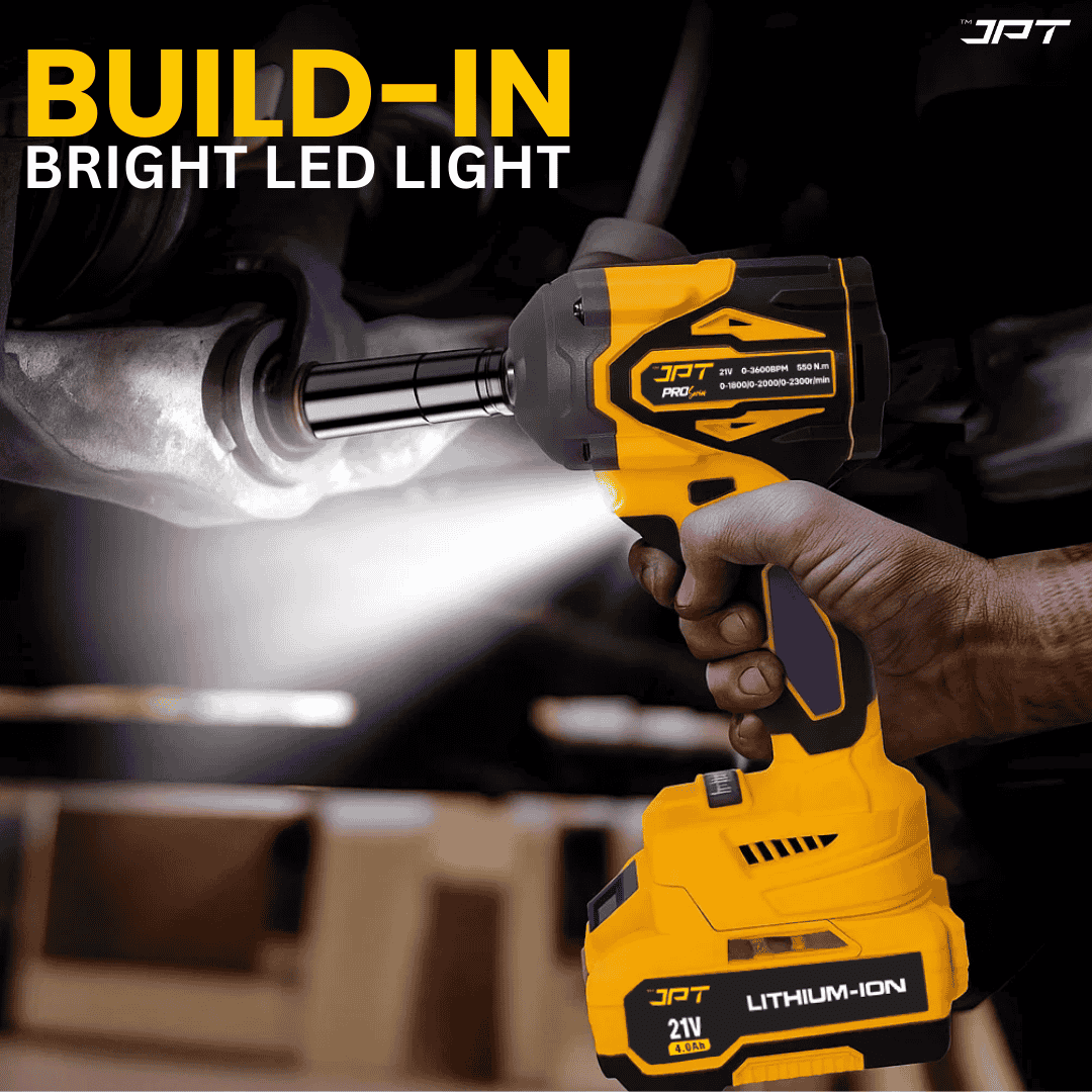 JPT 21v Cordless Impact Wrench | Brushless Motor | 550N.M Torque | 2300RPM Speed | 4000mah Li-Ion Battery | Bright LED | Forward/Reverse Mode | for Automotive, Industrial, Construction, ETC