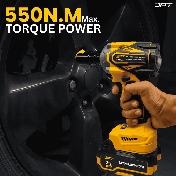 JPT 21V 550Nm Cordless Impact Wrench with brushless motor, 3 speed modes, 2300RPM, 4000mAh Li-ion battery & LED light—ideal for car, bike & DIY work. Buy Now