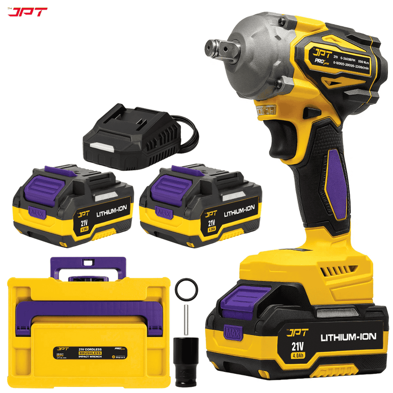 JPT 21v Cordless Impact Wrench | Brushless Motor | 550N.M Torque | 2300RPM Speed | 4000mah Li-Ion Battery | Bright LED | Forward/Reverse Mode | for Automotive, Industrial, Construction, ETC