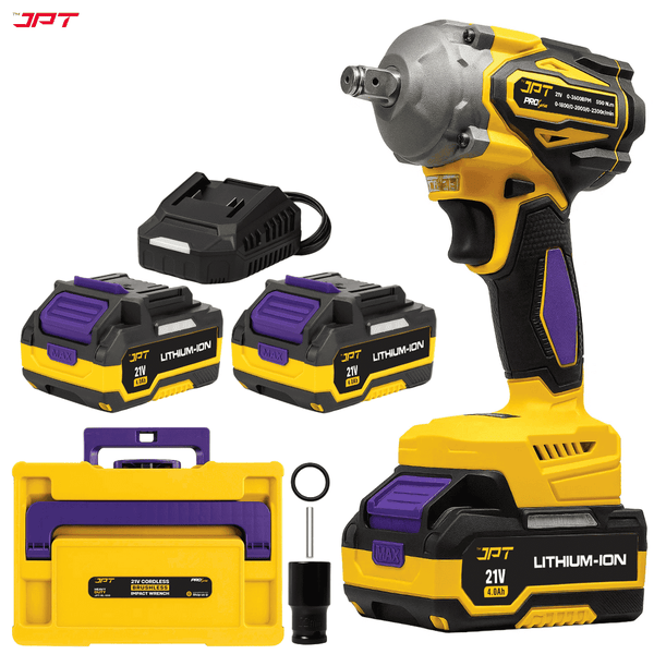 JPT 21V 550Nm Cordless Impact Wrench with brushless motor, 3 speed modes, 2300RPM, 4000mAh Li-ion battery & LED light—ideal for car, bike & DIY work. Buy Now