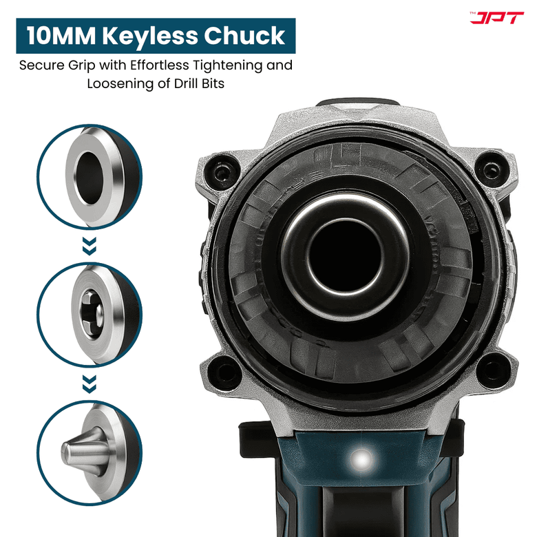 JPT 21V Heavy-Duty Impact Cordless Drill Machine | Max. 90N.M Torque | Max. 0-2000RPM Speed | 10MM Keyless Chuck | 25+3 Gears Setting | 2.0Ah Li-Ion Battery | 24Pcs Drill Accessories