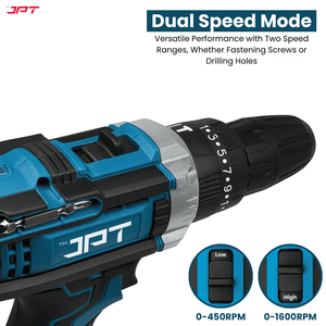 JPT 21V Heavy-Duty Impact Cordless Drill Machine | Max. 90N.M Torque | Max. 0-2000RPM Speed | 10MM Keyless Chuck | 25+3 Gears Setting | 2.0Ah Li-Ion Battery | 24Pcs Drill Accessories