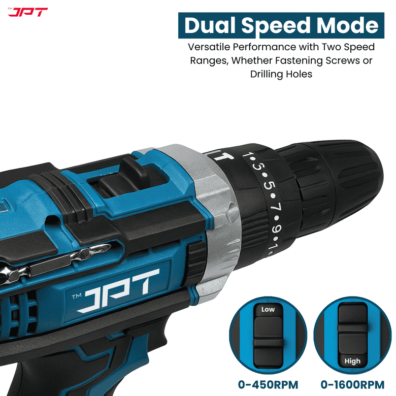 JPT 21V Heavy-Duty Impact Cordless Drill Machine | Max. 90N.M Torque | Max. 0-2000RPM Speed | 10MM Keyless Chuck | 25+3 Gears Setting | 2.0Ah Li-Ion Battery | 24Pcs Drill Accessories