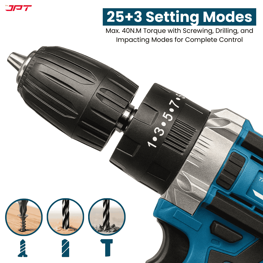 JPT 21V Heavy-Duty Impact Cordless Drill Machine | Max. 90N.M Torque | Max. 0-2000RPM Speed | 10MM Keyless Chuck | 25+3 Gears Setting | 2.0Ah Li-Ion Battery | 24Pcs Drill Accessories