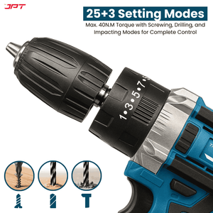 JPT 21V Heavy-Duty Impact Cordless Drill Machine | Max. 90N.M Torque | Max. 0-2000RPM Speed | 10MM Keyless Chuck | 25+3 Gears Setting | 2.0Ah Li-Ion Battery | 24Pcs Drill Accessories