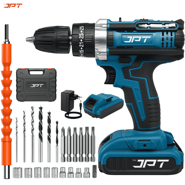 Buy JPT heavy-duty 21v cordless impact drill machine with 24Pcs drill accessories for versatile use. Buy best collection of drill machine in India. Buy Now