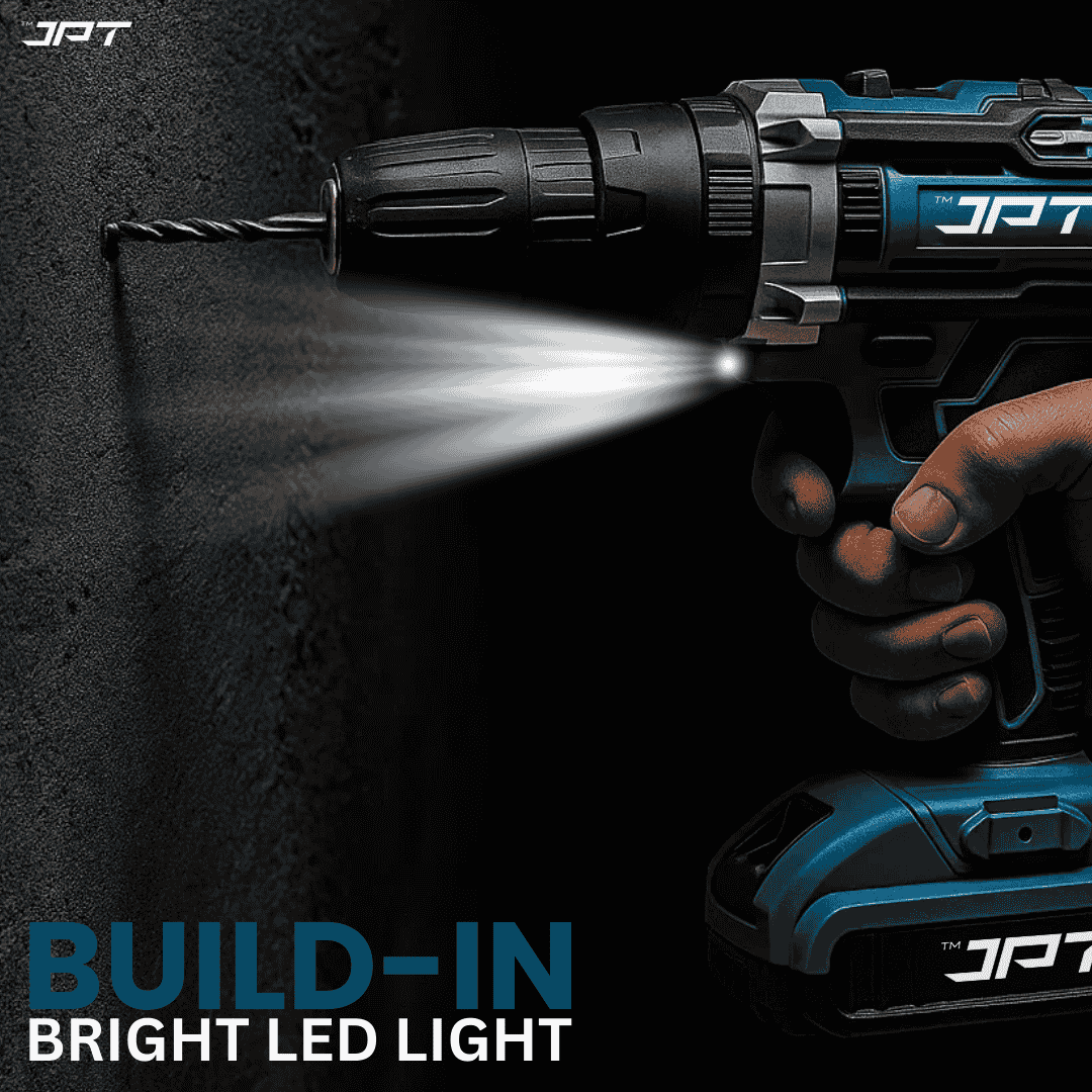 JPT 21V Heavy-Duty Impact Cordless Drill Machine | Max. 90N.M Torque | Max. 0-2000RPM Speed | 10MM Keyless Chuck | 25+3 Gears Setting | 2.0Ah Li-Ion Battery | 24Pcs Drill Accessories