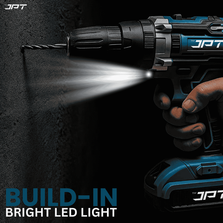 JPT 21V Heavy-Duty Impact Cordless Drill Machine | Max. 90N.M Torque | Max. 0-2000RPM Speed | 10MM Keyless Chuck | 25+3 Gears Setting | 2.0Ah Li-Ion Battery | 24Pcs Drill Accessories