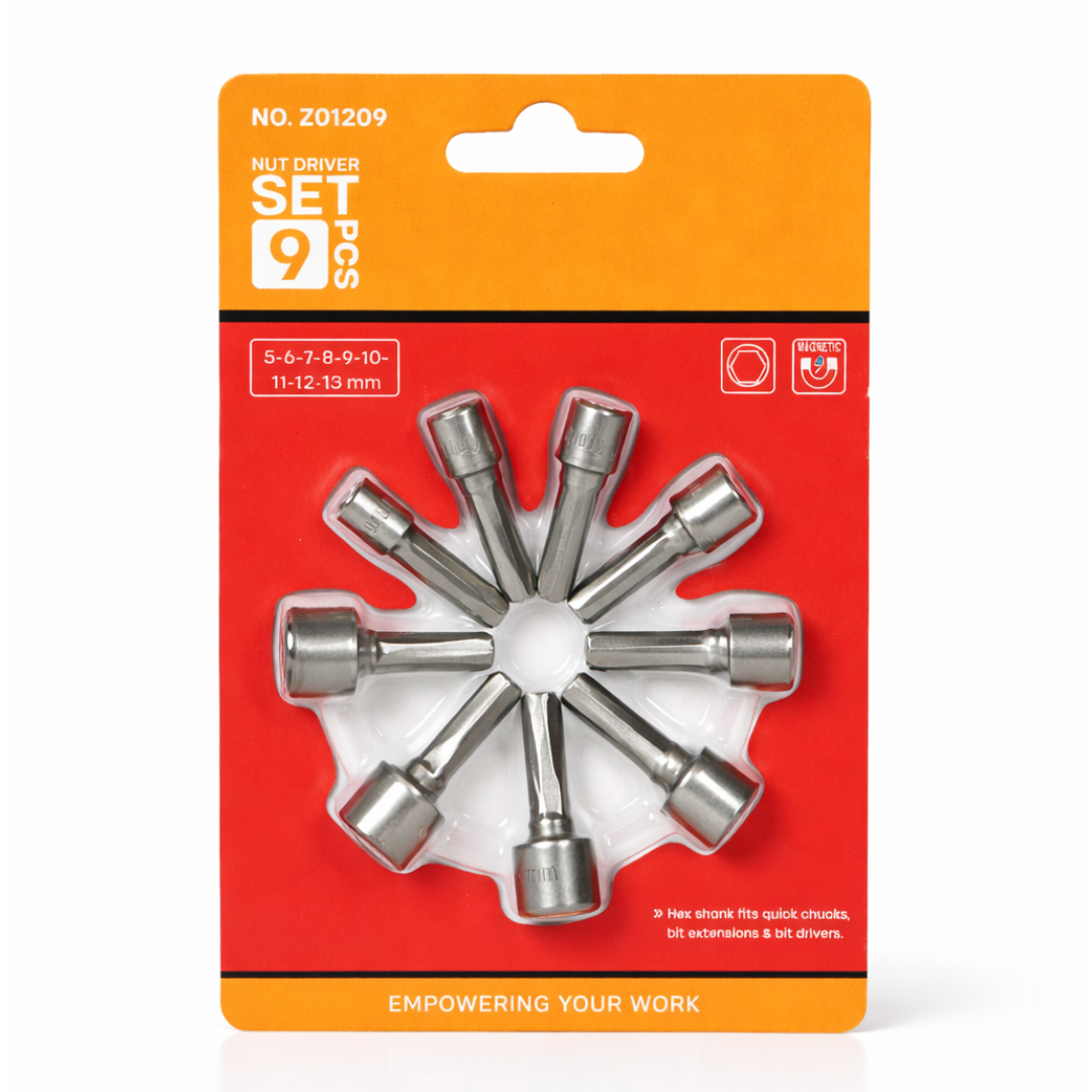 Buy JPT 9 pcs magnetic nut driver set 5-13mm for drill machine. Strong hex nut driver bits ideal for roofing, electrical panel work, fabrication and workshop.