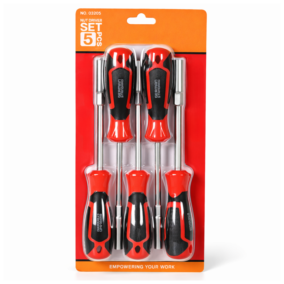 Buy JPT heavy duty nut driver set 5 pcs with CR-V magnetic hex heads and hollow shaft. Ideal for electrical panels, automotive work and industrial maintenance.