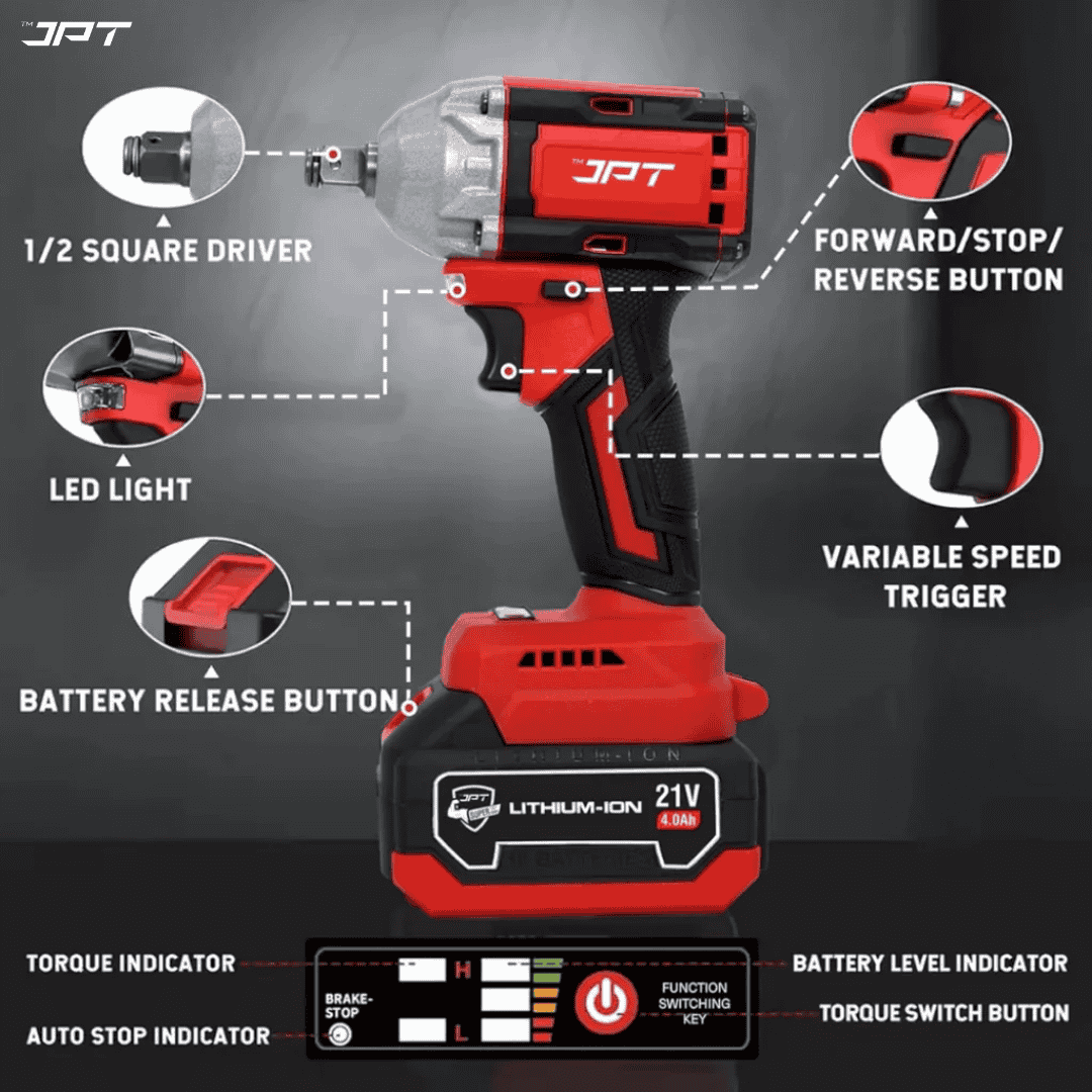 JPT Heavy-Duty 21V Cordless Impact Wrench | Brushless Motor | 350N.M Torque | 0-4300RPM Speed | 1/4-Inch Chuck | 4.0Ah Li-Ion Battery | Impact Wrench for Automobile & Car/Bike Owner