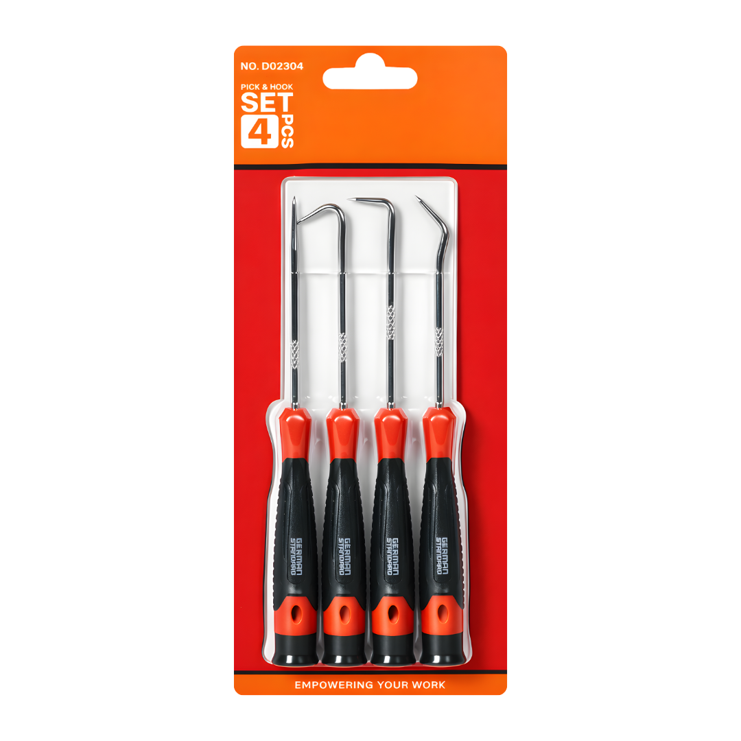 JPT 4-Piece Pick and Hook Set with Straight Pick, 90° Hook, Full Hook & Angled Hook | Precision O-Ring and Seal Removal Tool for Automotive Repair & Mechanical Workshop Use