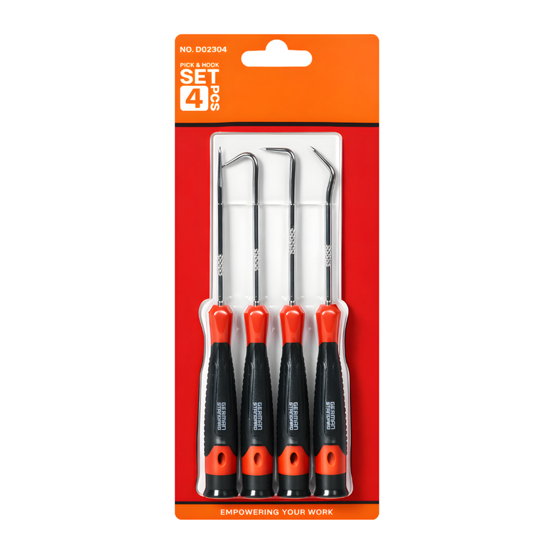 JPT 4-Piece Pick and Hook Set with Straight Pick, 90° Hook, Full Hook & Angled Hook | Precision O-Ring and Seal Removal Tool for Automotive Repair & Mechanical Workshop Use