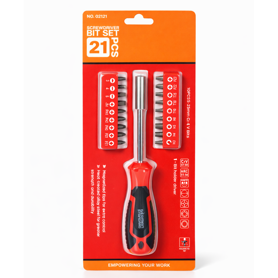 Buy JPT heavy duty 21 pcs interchangeable screwdriver bit set with magnetic head and 25mm Cr-V bits including Flat, PH, PZ, Torx and Hex. Buy Now