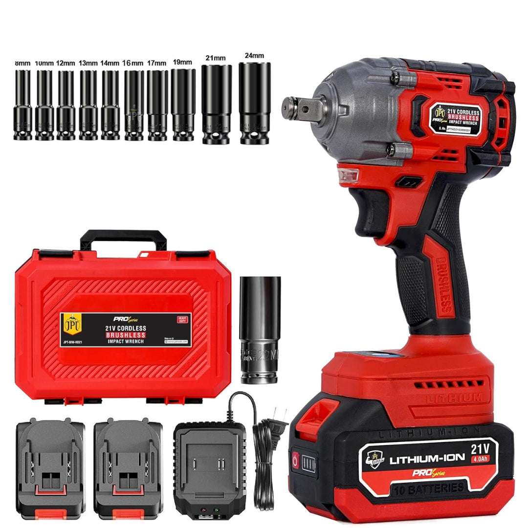 Get outstanding power and precision with the JPT combo Pro Series brushless 21-volt impact wrench with 10pcs socket set. Buy now and get 12-months warranty.