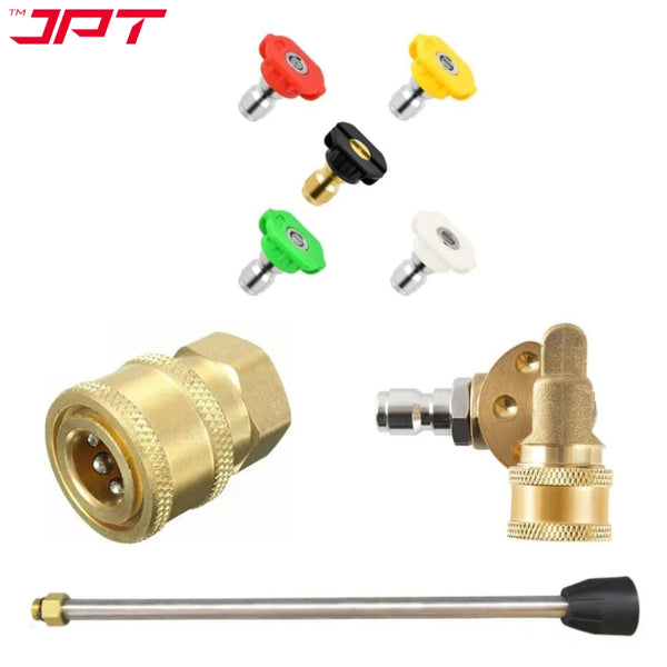 Buy now the JPT combo of pressure washer nozzle tips, pivoting coupler, 10" extension rod/wand, and quick connector all at the best price online in India.