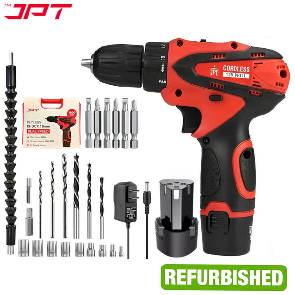 Buy JPT GD-CD10M 12v drill machine with 24 drill accessories refurbished at the lowest price in market online. Shop 12v, 18v, and 21v drill at JPT Tools.