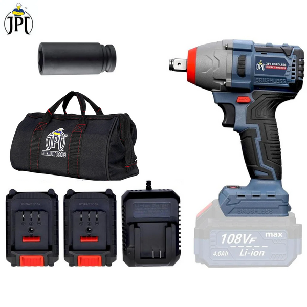 JPT Brushless Heavy Duty Cordless Impact Wrench | 400 Nm Torque | 0-4300 RPM Speed | 0-3800 BPM | 1/2-Inch Head | LED Light | Forward/Reverse | 4000mAh Battery | Fast Charger | 6-Months Warranty