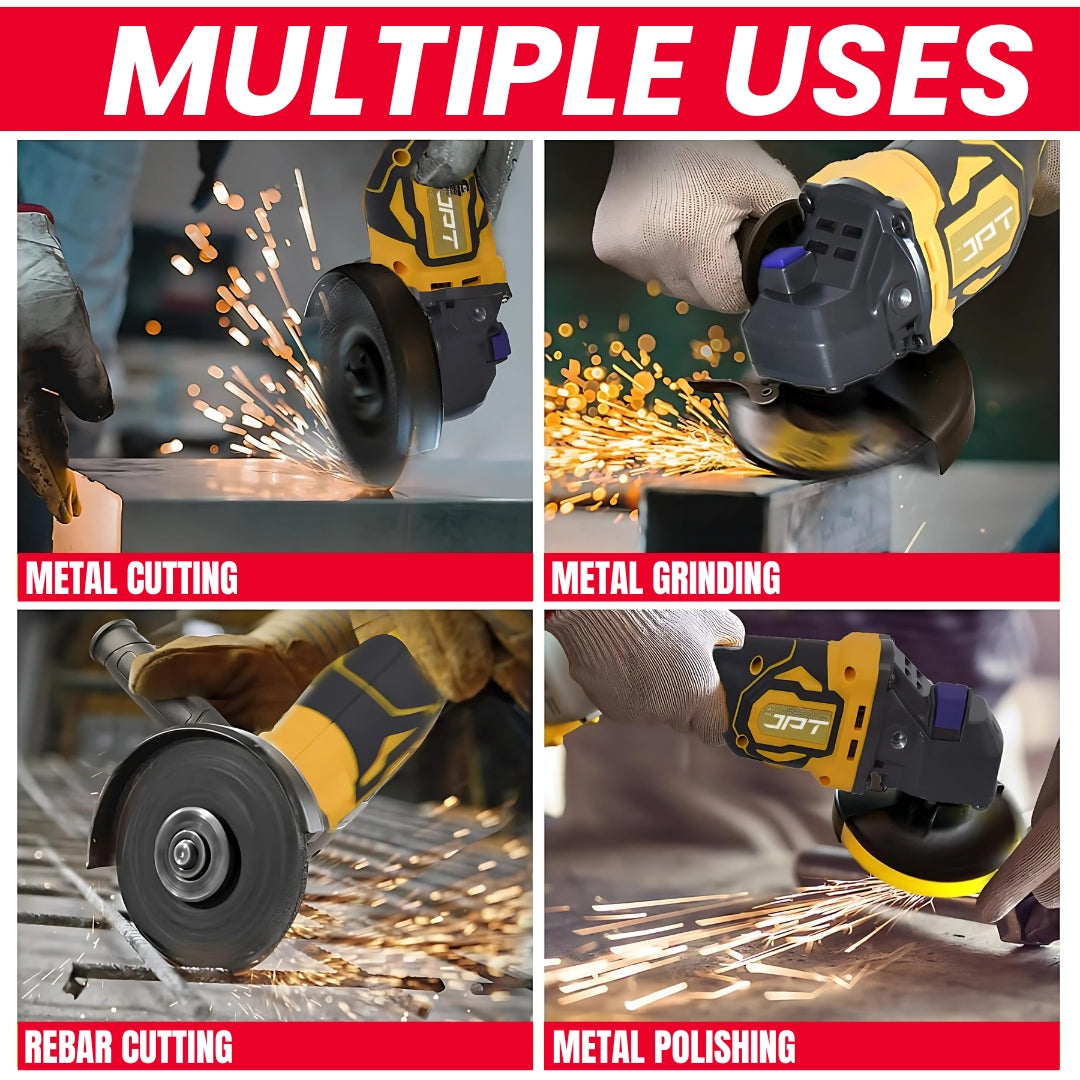 JPT 21V Heavy-Duty Cordless Angle Grinder Machine | Brushless Motor | 3-Speed Modes (5000–9000 RPM | 100mm Disc | Spindle & Speed Lock | 6000mAh Battery
