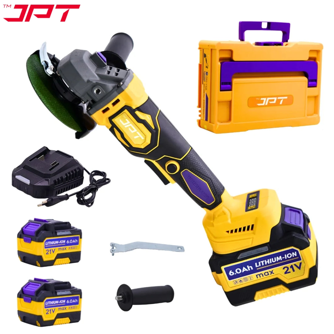 JPT 21V Heavy-Duty Cordless Angle Grinder Machine | Brushless Motor | 3-Speed Modes (5000–9000 RPM | 100mm Disc | Spindle & Speed Lock | 6000mAh Battery