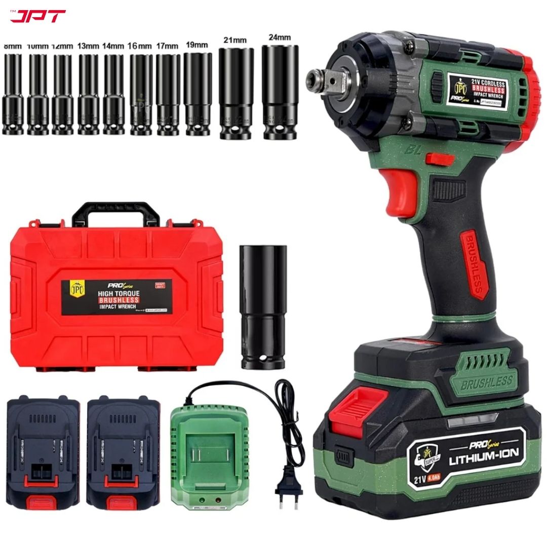 JPT Combo Heavy-Duty Pro Series Cordless Impact Wrench with 10Pcs Impact Socket Set | Brushless Motor | 1/2