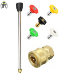 Buy now JPT pressure washer combo which inlcudes 10"/25cm extension rod, one quick connector, and 5pcs 1/4" universal pressure washer nozzle tips at best price.