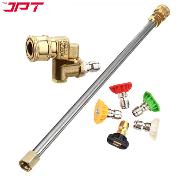 Buy now the JPT combo of 20" straight pressure washer extension rod with five different degree pressure washer nozzle tips and with 5 angles pivoting coupler.