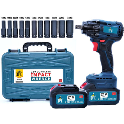 JPT Combo New Monster Beastly 21V Cordless Impact Wrench | 450NM Torque | 2800RPM | 1/2" Square Driver | 2x Batteries | Fast Charger | LED Light | Carrying Case | 11 Pcs Impact Socket (10MM To 24MM)