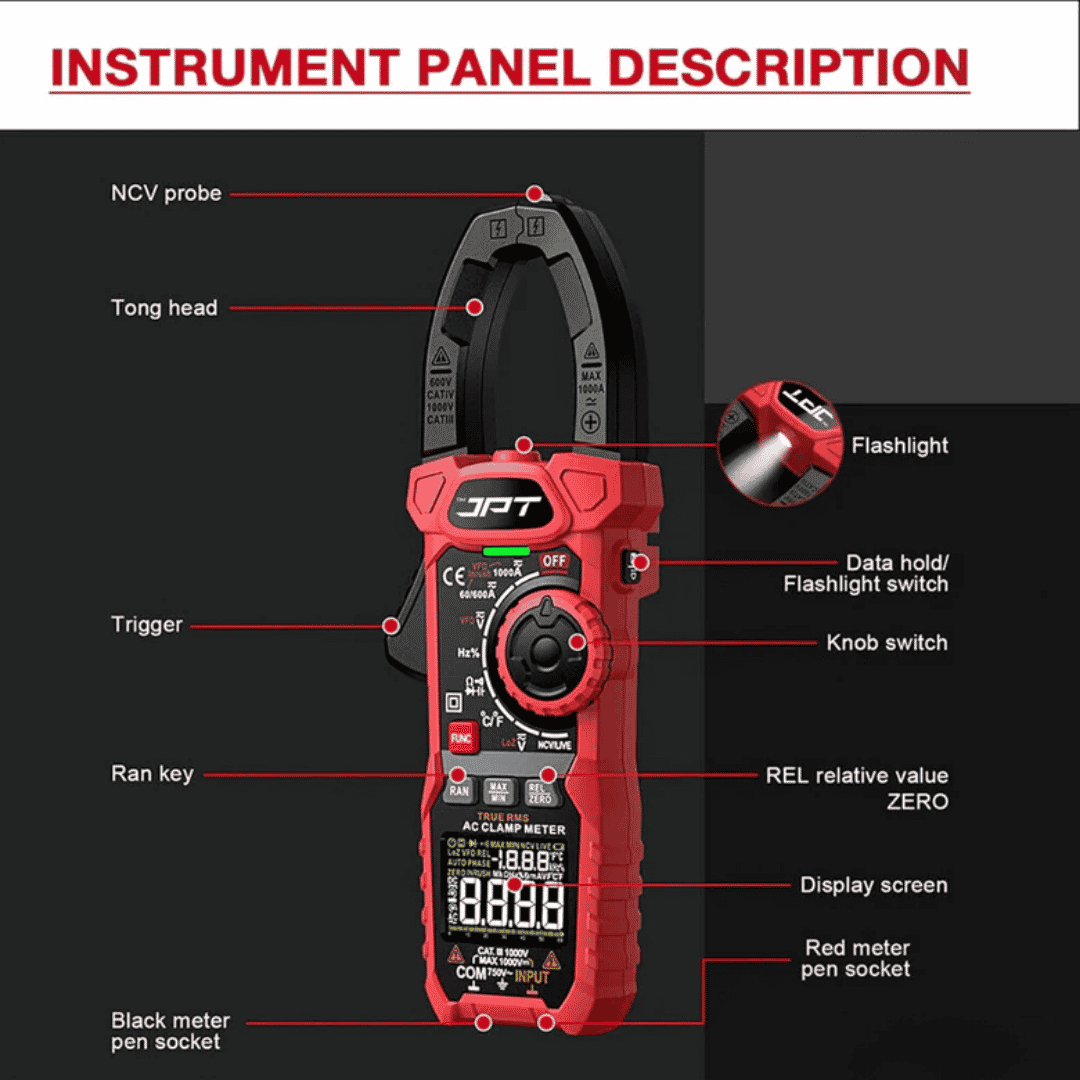 JPT Pro Series 1000A Inrush Digital Clamp Meter | Digital Multimeter with 6000 Counts | AC/DC Current & Voltage Tester | Temperature, Capacitance, Continuity, Duty Cycle