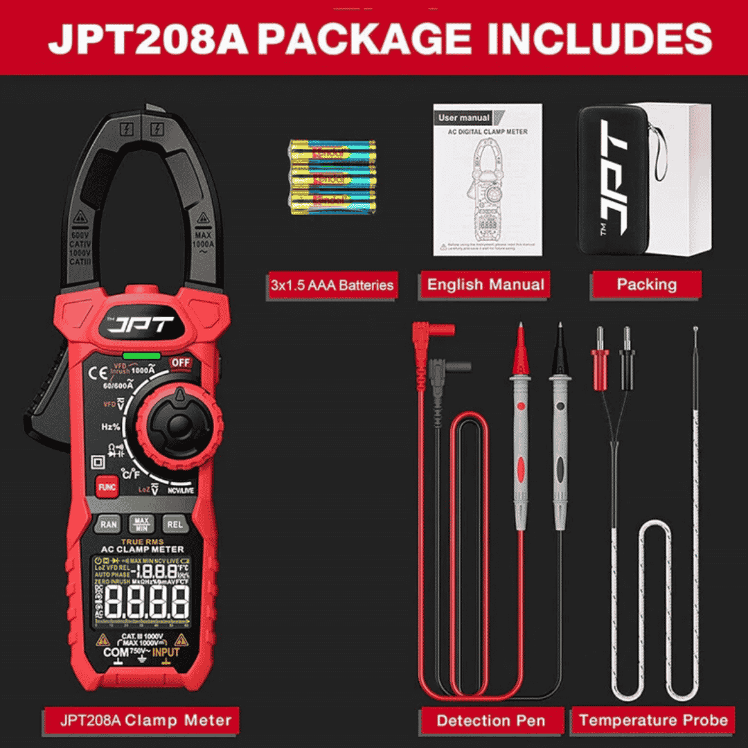 JPT Pro Series 1000A Inrush Digital Clamp Meter | Digital Multimeter with 6000 Counts | AC/DC Current & Voltage Tester | Temperature, Capacitance, Continuity, Duty Cycle