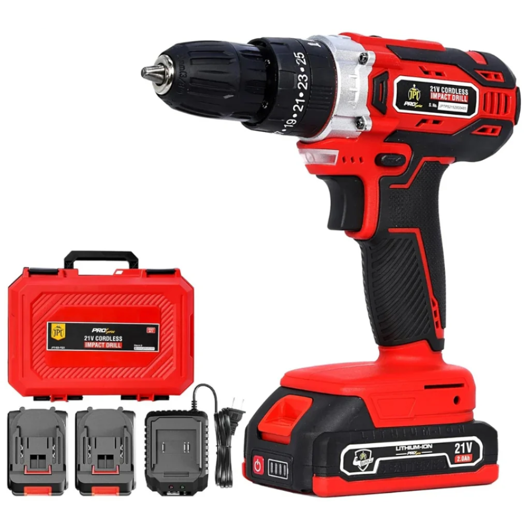 JPT Pro Series 21V Heavy-Duty Impact Cordless Drill Machine | Max. 40N.M Torque | Max. 0-1600RPM Speed | 10MM Keyless Chuck | 25+3 Gears Setting | 2000mAh Battery | One Year Warranty