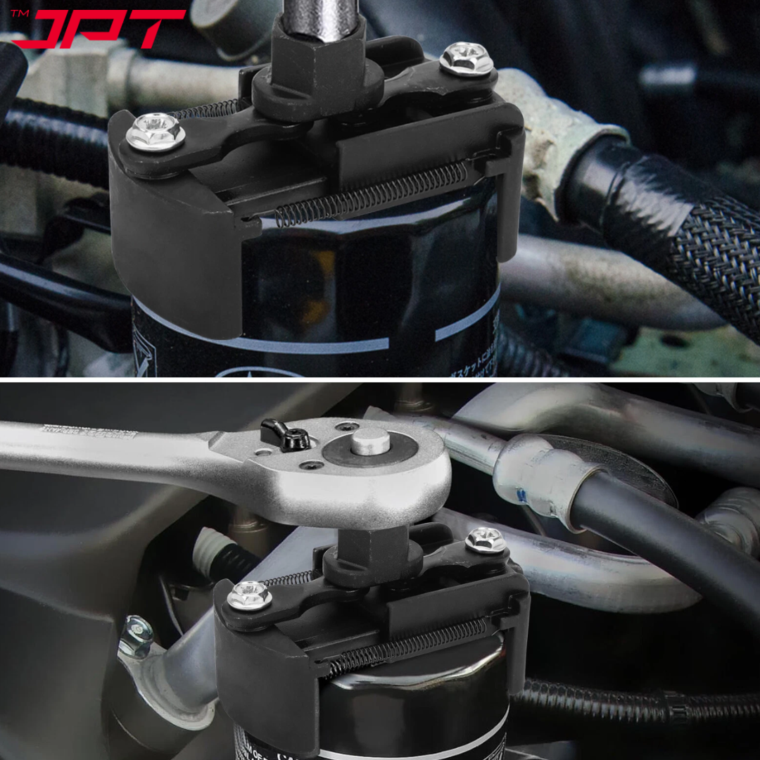JPT Heavy-Duty Universal Adjustable Oil Filter Remover | 90-125mm Removal and Installation | Two Non Slip Serrated Jaws | 1/2" Drive Oil Filter Wrench for Easy Filter Removal