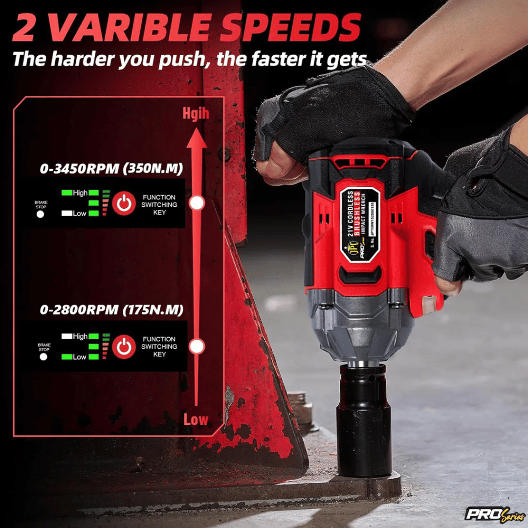 JPT Combo Pro Series Brushless 21v Cordless Impact Wrench with 10-Piece Impact Socket Set | 350N.M Torque | 0-3450RPM Speed | 4000mAh Battery | All Accessories Included | 12-Months Warranty