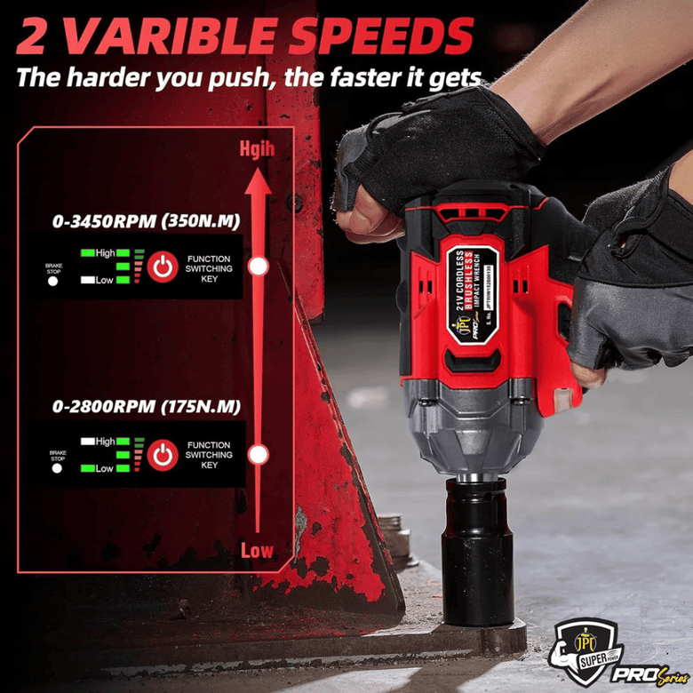 JPT Pro Series Brushless Heavy Duty 21-volt Cordless Impact Wrench | 350N.M Torque | 0-3450RPM Speed | 1/2-Inch Shank | 4000mAh Battery | All Accessories Included | 12-Months Warranty