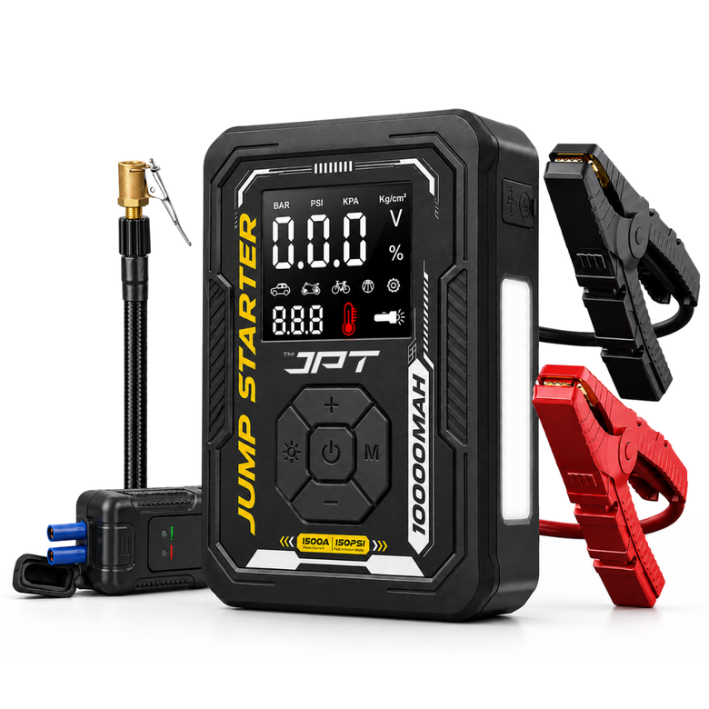 JPT 1500A Jump Starter, 150PSI Tyre Inflator, 10000mAh Power Bank Ultra Heavy Duty • 1500A Peak Current • 150PSI Tyre Inflator • 10000mAh Power Bank • Smart EC5 Protection • Digital Display