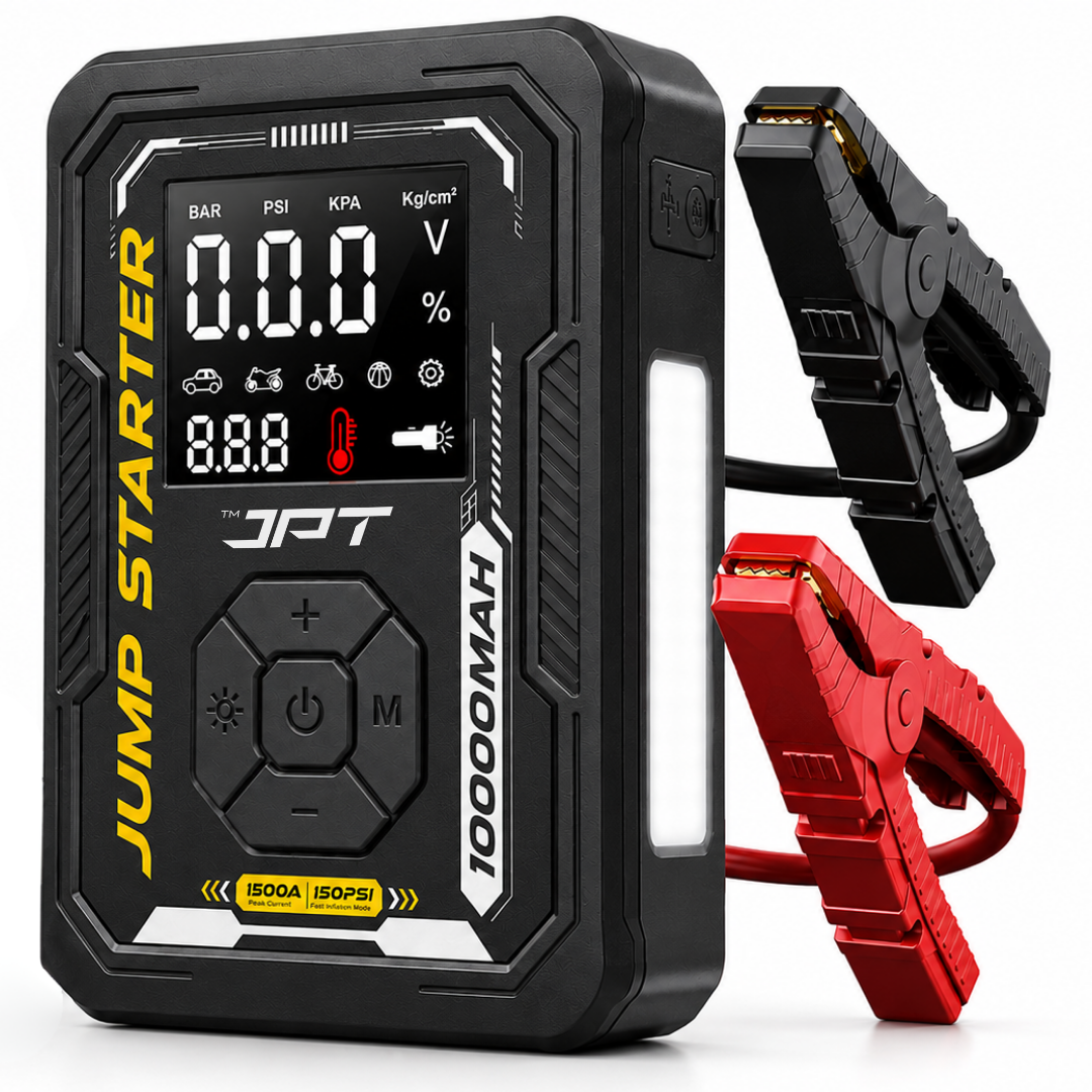 JPT 1500A Jump Starter, 150PSI Tyre Inflator, 10000mAh Power Bank Ultra Heavy Duty • 1500A Peak Current • 150PSI Tyre Inflator • 10000mAh Power Bank • Smart EC5 Protection • Digital Display