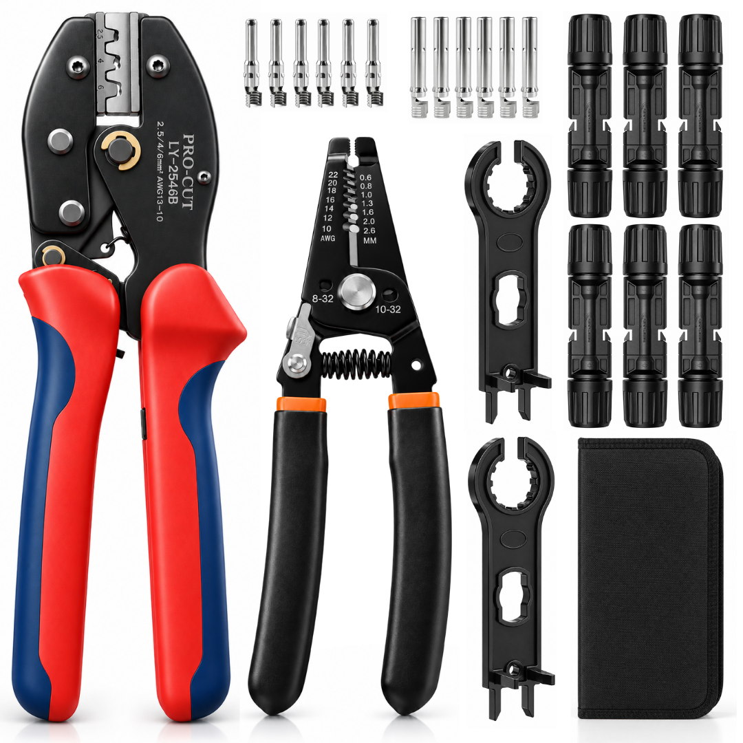 JPT MC4 Solar Crimping Tool Kit, 2.5/4/6mm², 10-32 AWG, Wire Stripper | 2.5/4/6mm² Crimping • 10-32 AWG Stripping • 6 MC4 Connectors • 12 MC4 Pins • 2 Wrenches • Storage Bag