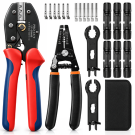 JPT MC4 Solar Crimping Tool Kit, 2.5/4/6mm², 10-32 AWG, Wire Stripper | 2.5/4/6mm² Crimping • 10-32 AWG Stripping • 6 MC4 Connectors • 12 MC4 Pins • 2 Wrenches • Storage Bag