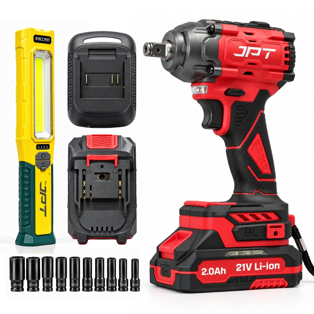 JPT 21V Brushless Impact Wrench, 450Nm, 1/2" Drive, 2 Batteries 2×2.0Ah Li-ion Batteries • 10 CR-V Sockets • LED Work Light • Fast Charger • Socket Case • Smart Control Panel
