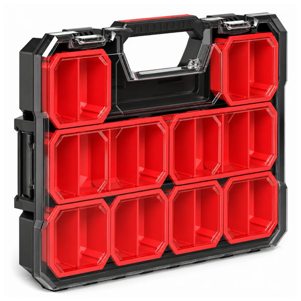 JPT Shallow Tool Organizer Box with 8 Removable Containers and Dividers, Heavy-Duty Storage Case with Transparent Lid for Tools, Hardware, Screws, and Small Items