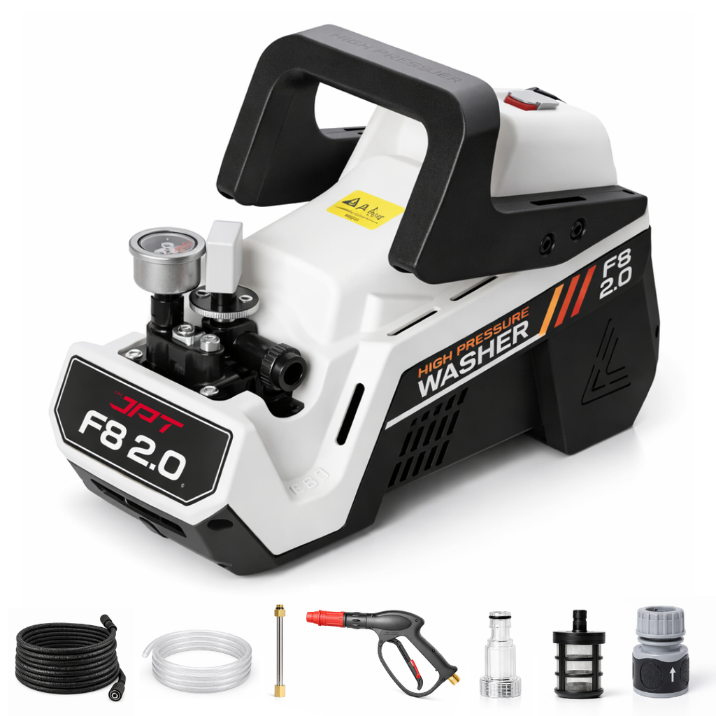 JPT F8 2.0 3500 PSI (250 Bar) electric pressure washer with 2500W copper motor, 10 L/min flow and TSS. Portable heavy-duty cleaner for car, bike and home use.